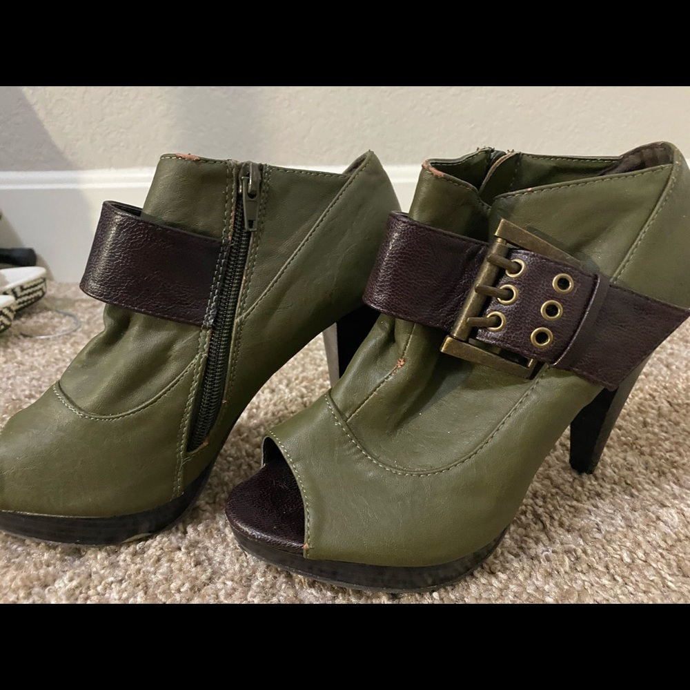 green heeled boots, open toed